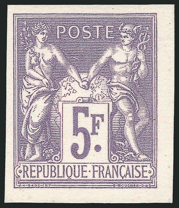 FRANCE, 1876-80, 1c-5fr Peace and Commerce, Regent Reprints on Thick Paper, Ty. II (78 var100 var Yvert 83e95b).> Without gum as issued, 15 different values of the 20 issued on tinted paper and white paper,
both groups identical denominations, b