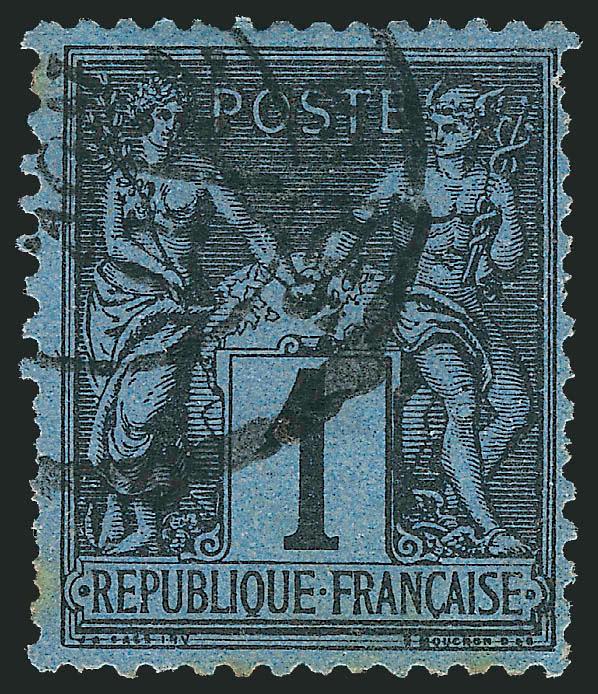 FRANCE, 1880, 1c Black on Prussian Blue, Ty. II (87 Yvert 84).> Fairly well-centered, double-circle datestamp, perf flaws and few very minor edge toning spots, otherwise Fine, an exceedingly difficult and rare
stamp, there are many pretenders arou