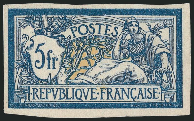 FRANCE, 1900, 40c-5fr Merson Imperforate (121a, 123a, 125a, 126a, 130a Yvert 119a-122a, 123b).> Without gum as issued, first three huge margins incl. top sheet margins, 2fr large to huge, 5fr slightly less,
Very Fine-Extremely Fine, all but 2fr si