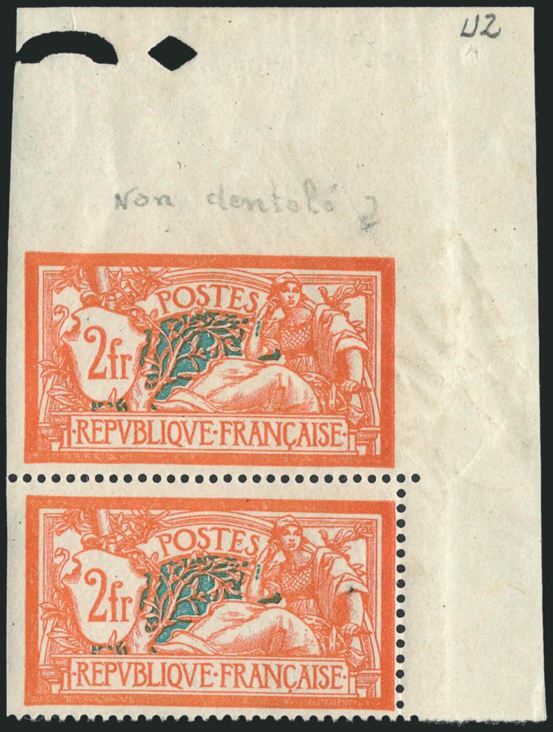 FRANCE, 1906-20, 45c, 60c and 2fr Merson, Imperforate (122a, 124a, 127a var. Yvert 143b, 144b, 145e var.).> 60c without gum as issued, large to huge margins, the 2fr is a vertical pair <with original gum and
top stamp imperforate on three sides wi