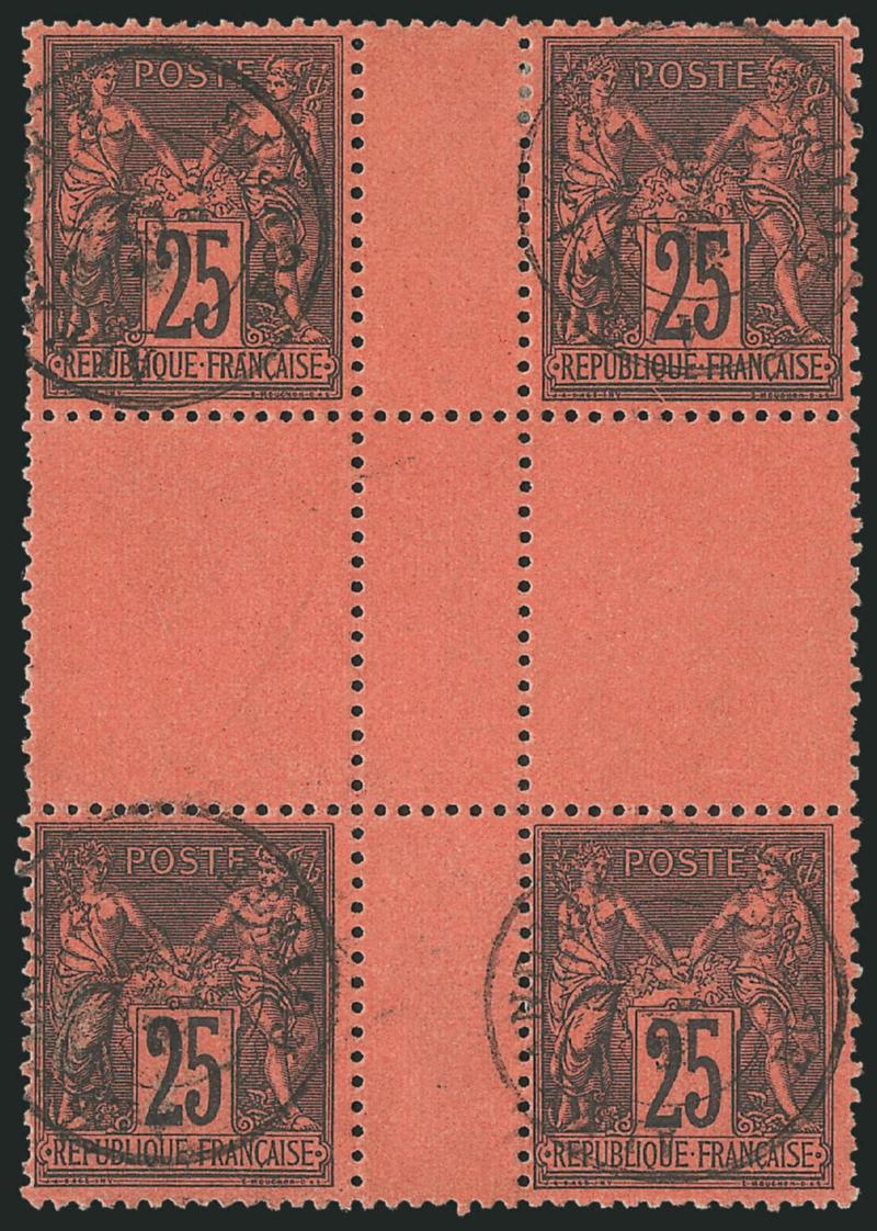 FRANCE, 1878, 25c Black on Red (93 Yvert 91).> Gutter margin block of four, each stamp cancelled by Alexandrie, Egypte, 21 ? double-circle datestamp, few trivial abrasions, Very Fine, a very unusual
multiple