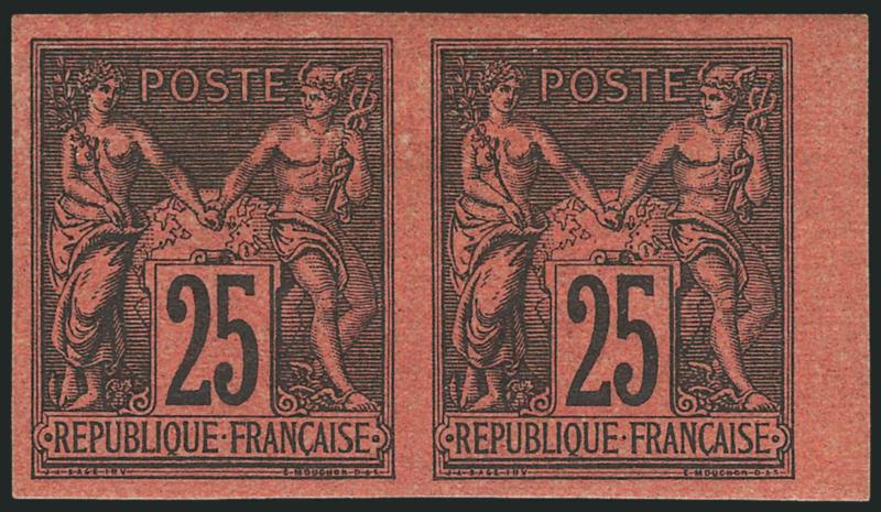 FRANCE, 1878, 25c Black on Red, Imperforate (93a Yvert 91 var).> Horizontal pair, original gum, h.r., large to huge margins incl. <sheet margin> at right, Very Fine and choice, Yvert e1,200 as singles, Scott
Retail as singles
