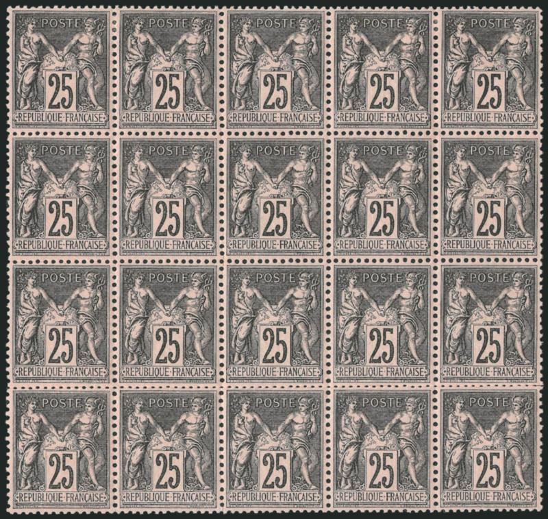 FRANCE, 1886, 25c Black on Pale Rose (100 Yvert 97).> Block of 20, original gum, h.r. at top, many Mint N.H., crisp impression, two stamps at bottom natural gum crease, some telescoped perfs at bottom,
otherwise Very Fine, Yvert e2,480 as four block