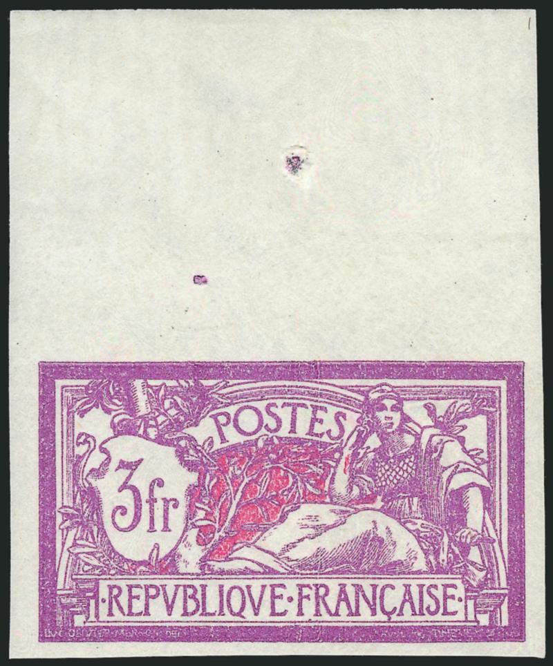 FRANCE, 1927, 3fr Bright Violet & Rose, Imperforate (129a, Yvert 240b).> Mint N.H. wide top sheet margin single, large to huge other sides, fresh and crisp, Extremely Fine, Yvert e850, Scott Retail as
hinged