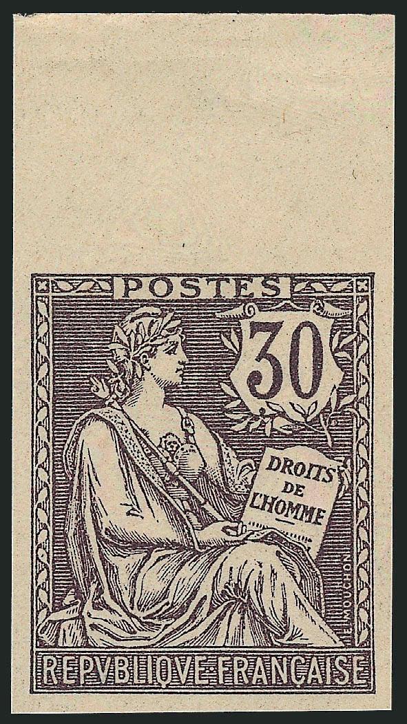 FRANCE, 1902, 30c Lilac, Imperforate (137a Yvert 128a).> Without gum as issued, large to huge margins incl. top sheet margin, rich color, Extremely Fine, Yvert e1,000