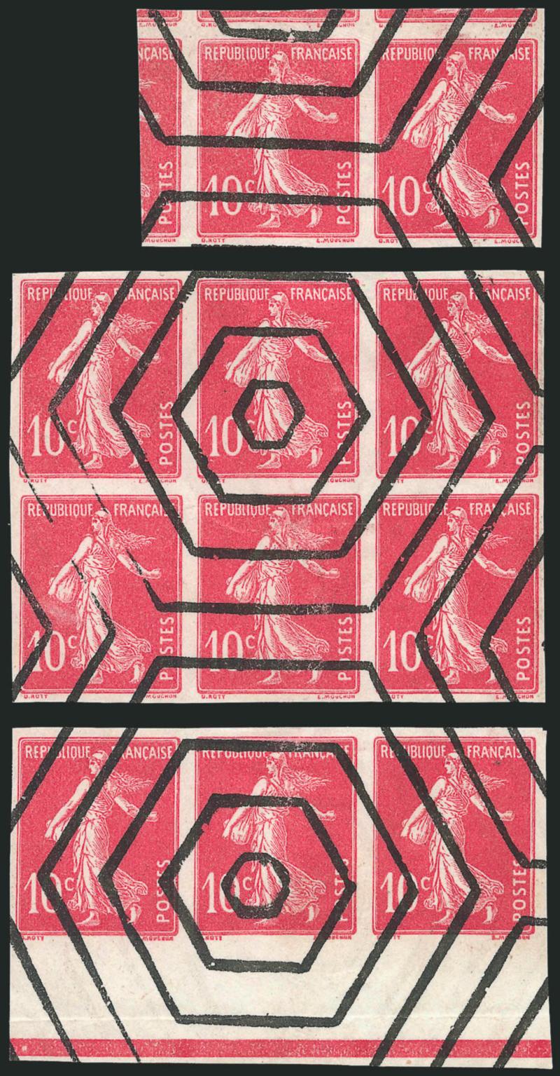 FRANCE, 1907, 10c Cerise, Trial Color Proof on Stamp Paper (162TC Yvert 138TC).> Reconstructed block of eleven (pair, block of six and strip of three), completely cancelled by large geometric hexagon design
believed to be a re-use prevention trial,
