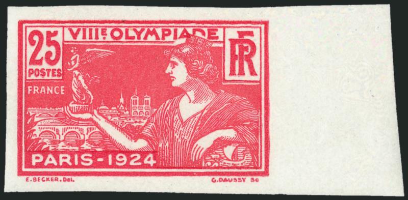 FRANCE, 1924, 25c 8th Olympics, Imperforate (199a, Yvert 184a).> Mint N.H., huge margins incl. right sheet margin, Extremely Fine, Yvert e1,600, both catalogue values are for hinged