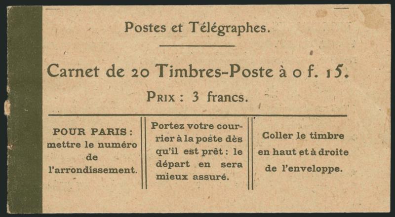 FRANCE, 1903, 15c Slate Green, Complete Booklet of 20 (139b var Yvert Carnet 130-C2).> Rogers 5b, two panes of ten, Mint N.H., minor cover crease, Fine-Very Fine, Yvert e750, Scott Retail as hinged
panes