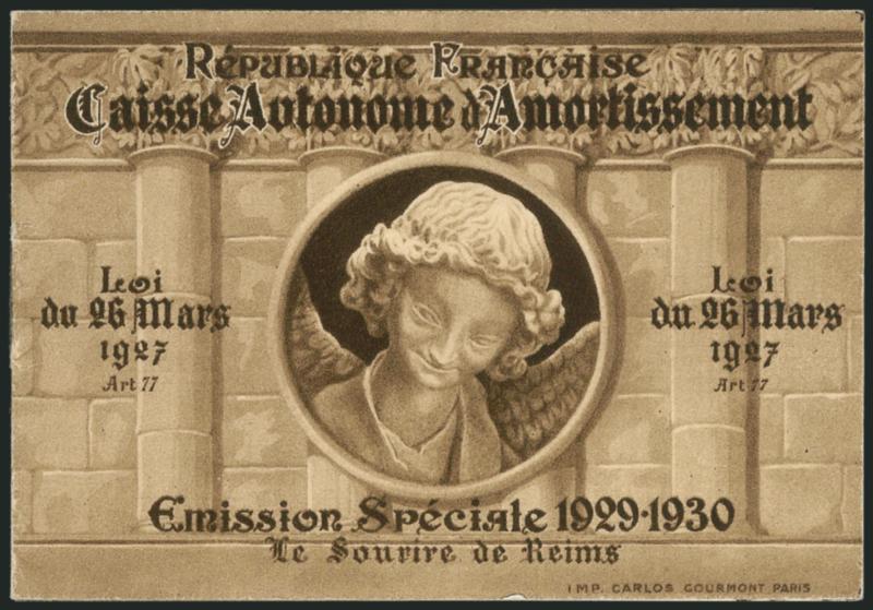 FRANCE, 1.50 + 3.50fr Smile of Reims, Complete Booklet of Two Panes of Four with Wide Gutter Between (B34b Yvert Carnet 256-C1).> Mint N.H., Very Fine, Yvert e1,000 as booklet, e1,280 as eight Mint N.H.
singles, evidently the booklet price needs t