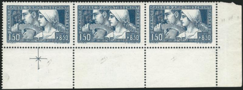 FRANCE, 1928, 1.50fr + 8.50fr Dull Blue, Ty. I-III (B27 var Yvert 252 var).> Strip of three with bottom right corner selvage, Types II, III, I, beautifully centered, Extremely Fine, seldom seen specialists
item, Yvert e1,000, Scott Retail as normal
