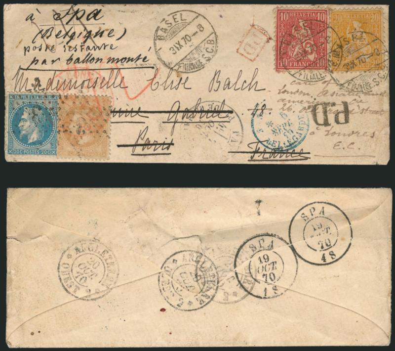 Par Ballon Monte.> Cover originating in Switzerland with <10c and 20c Helvetia> stamps tied by Basel 3.IX 70 datestamps and addressed to Paris then <forwarded to Spa, Belgium, and again to London, England,>
forwarding postage paid by <France 20c an