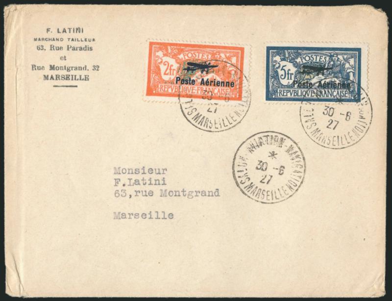 FRANCE, 1927, 2fr, 5fr Air Post (C1-C2 Yvert PA1-2 ).> Tied on cover by June 30, 1927 Marseilles Aviation Exhibition circular datestamps, small cover edge faults far from stamps, Fine-Very Fine, Yvert e500 for
used off-cover