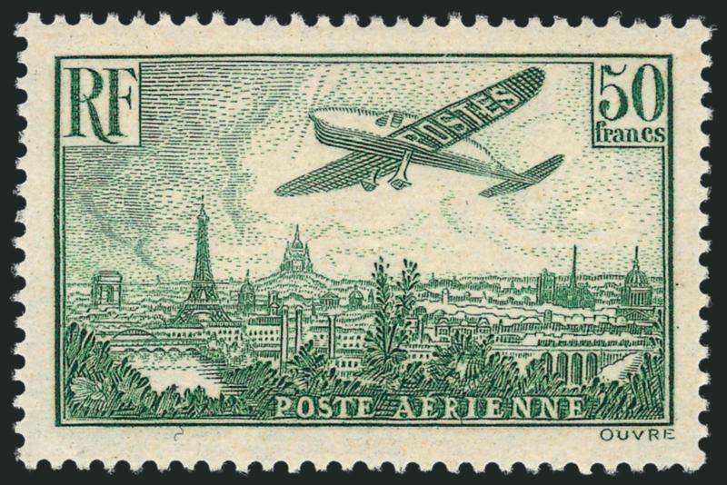 FRANCE, 1936, 85c-50fr Plane Over Paris (C8-C14 Yvert PA8-PA14).> Several Mint N.H., 50fr barely hinged (appears Mint N.H. at a glance), beautifully centered, Extremely Fine, Yvert e1,270