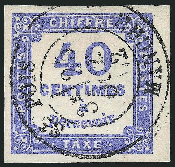 FRANCE, 1871, 40c Ultramarine, Postage Due (J8a Yvert TT7a).> Large to huge margins, neat 1872 double-circle datestamp, beautiful color<><>^EXTREMELY FINE. A MAGNIFICENT EXAMPLE OF THIS POSTAGE DUE SHADE
VARIETY. BY FAR THE RAREST OF ALL FRENCH PO