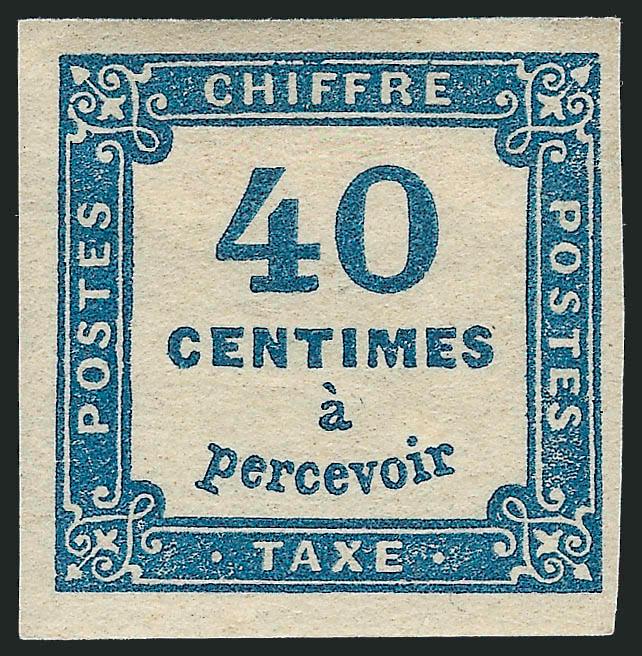 FRANCE, 1871, 40c Prussian Blue, Postage Due (J8b Yvert TT7b).> Original gum, h.r., ample to huge margins, wonderfully fresh and bright, Very Fine, very scarce shade, with 1961 Behr photo certificate, Yvert
e3,250