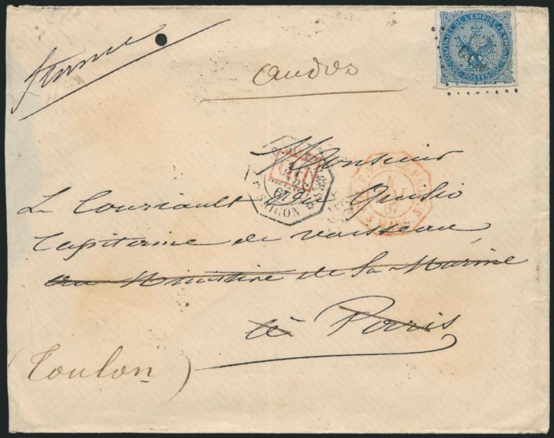 FRENCH COLONIES, 1865, 20c Blue on Bluish (4).> Margins all around, tied by black CCH (Cochin China) in lozenge of dots paying the military rate on cover to France, military address, Saigon March 31,1867
octagonal datestamp, red Col. F. V. Suez Pa