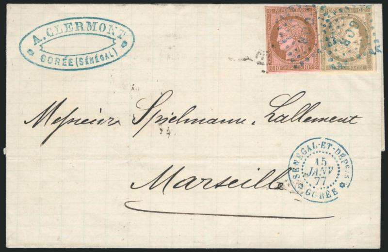 FRENCH COLONIES, 1872-77, 10c Bister on Rose, 30c Brown on Yellowish (20, 22).> Single of each, margins all around, fresh colors, tied by blue GOR (Goree, Senegal) in lozenge of dots on fresh neat folded cover
to France, matching blue Senegal-Et-D