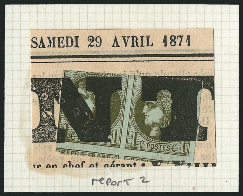 France, Balance.> 16 mostly unused stamps, incl. Nos. 27 (2, shades), 38 (3, different Reports), 39 (3, shades of Report 2), 40 (3, shades of Report 2), 46 (2, shades), 54, 59, many with original gum, few
flaws to be expected, overall Fine-Very Fine,