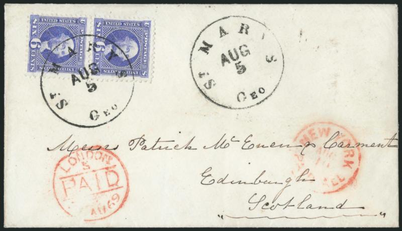 6c Ultramarine (115).> Vertical pair, brilliant color, tied by neat strike of St. Marys Geo. Aug. 5 circular datestamp, second strike at right on 1869 cover <to Edinburgh, Scotland,> red New York Paid All Aug.
10 and London transits, receiving b