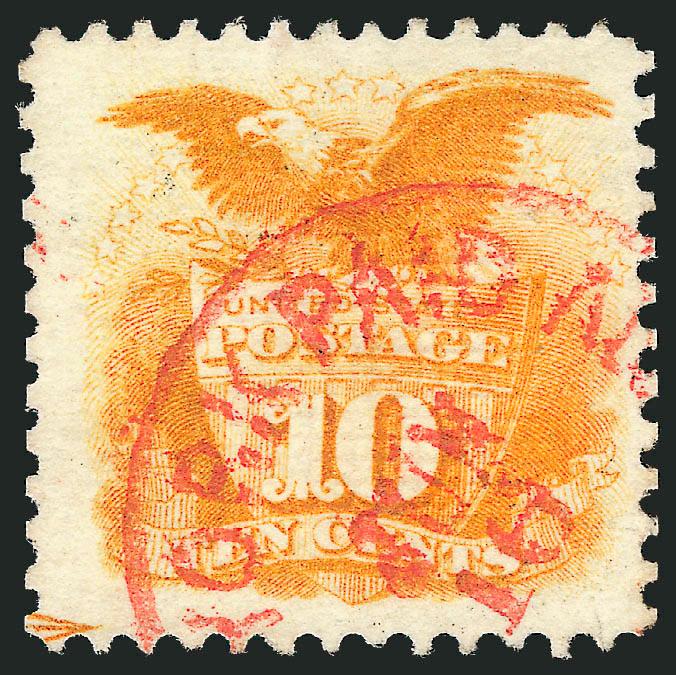 10c Yellow (116).> Vibrant color as fresh as the day it was printed, neat strike of <red New York Paid All Jun. 16> circular datestamp, Very Fine and choice, a beautiful stamp and very scarce cancelled by a red
datestamp, with 1988 P.F. certificate