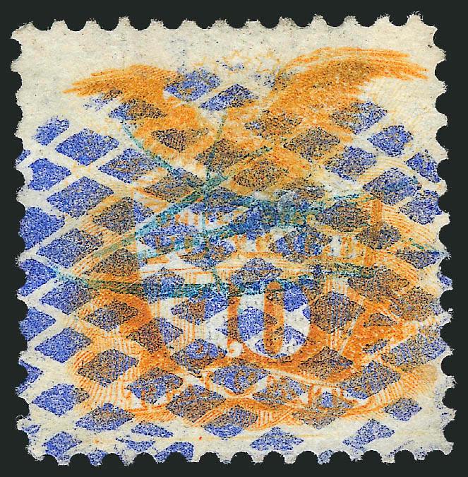 10c Yellow (116).> Rich color on bright paper, nicely complemented by <ultramarine grid of small diamonds fancy cancel> in a dark color, tiny thin spot at center, Very Fine appearance, a beautiful stamp with a
dramatic colored fancy cancel, ex Ishika