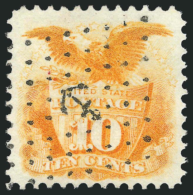 10c Yellow (116).> Brilliant color, cancelled solely by <French Anchor in Diamond of Dots,> Very Fine and choice, rare use of this French maritime cancellation on a 10c 1869, probably used on a cover sent by
French transatlantic packet between the U.
