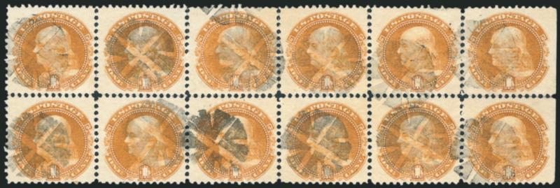 1c Buff (112).> Horizontal block of twelve, bright color, each stamp cancelled by neat strike of circle of Vs cork cancel, natural s.e. at right, faint vertical crease affects third column, bottom left stamp
small toned spot (neither of these neglig