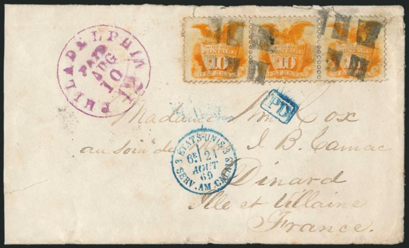 10c Yellow (116).> Horizontal strip of three, bright color, tied by neat strikes of unusual segmented cork cancel, <magenta> Philadelphia Paid 12 Aug. 10 credit datestamp on 1869 cover <to Dinard, France,>
small blue boxed PD handstamp and Calais