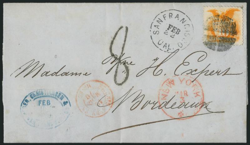 10c Yellow (116).> Vibrant color, well-proportioned margins, tied by clear strike of quartered cork cancel, San Francisco Cal. Feb. 22 circular datestamp on 1870 folded letter <to Bordeaux, France,> red New
York Mar. 3 and Havre transit handstamp