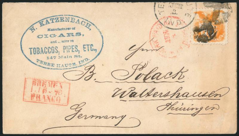 10c Yellow (116).> Choice centering with wide balanced margins, radiant color, tied by <T in circle> and Terre Haute Ind. Jun. 2 circular datestamp on 1870 cover <to Waltershausen, Germany,> pipe and tobacco
manufacturers blue oval handstamp at