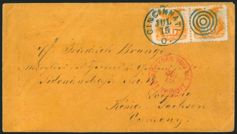 10c Yellow (116).> Horizontal pair, vivid color and well-proportioned margins, tied by <blue> target cancel and matching Cincinnati O. Jul. 15 circular datestamp on orange 1870 cover <to Leipzig, Germany,> red
New York Paid All Br. Transit Jul. 19