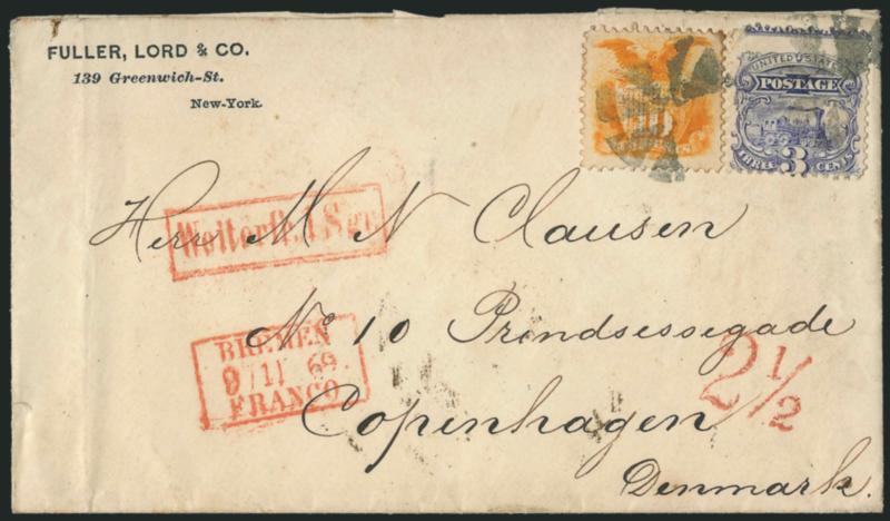 10c Yellow (116).> Vivid color, used with <3c Ultramarine (114)> with clear <captured imprint> at top, tied by circle of wedges cancel on 1869 cover <to Copenhagen, Denmark,> red New York Paid All Direct Oct.
26, transit and receiving backstamps, n