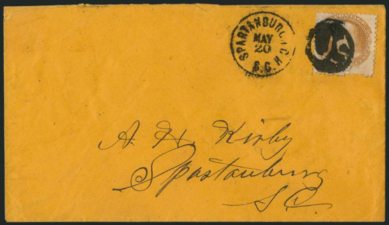 1c Buff (112).> Bright color, few small perf flaws at bottom (not mentioned on accompanying certificate), tied by bold strike of <Negative US in circle fancy cancel,> Spartanburg C.H. S.C. May 20 circular
datestamp on buff cover to local addresse