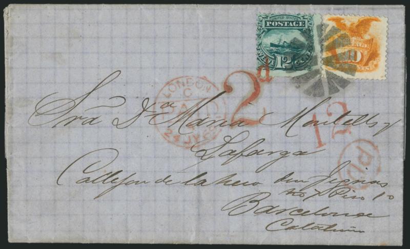 10c Yellow, 12c Green (116, 117).> Remarkably bright and rich colors, tied by beautiful bold Leaf cancel on blue folded letter <to Barcelona, Spain,> red 12 credit handstamp and matching New York Paid All. Jul.
13 (1869) backstamp, red London tra