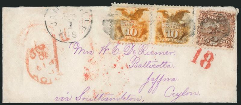 10c Yellow (116).> Horizontal pair, used with <2c Brown (113)> and tied by cork cancels, Janesville Wis. Aug. 1 circular datestamp on small 1870 ladys narrow cover <to Jaffna, Ceylon,> addressed in purple, red
18 credit handstamp, red 1d Briti