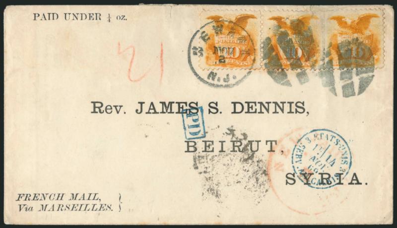 10c Yellow (116).> Horizontal pair and single, vibrant color, small tear in one, tied by segmented cork cancels and Newark N.J. Nov. 2 (1869) circular datestamp on cover with printed address <to Beirut, Syria,>
printed route instructions French Ma
