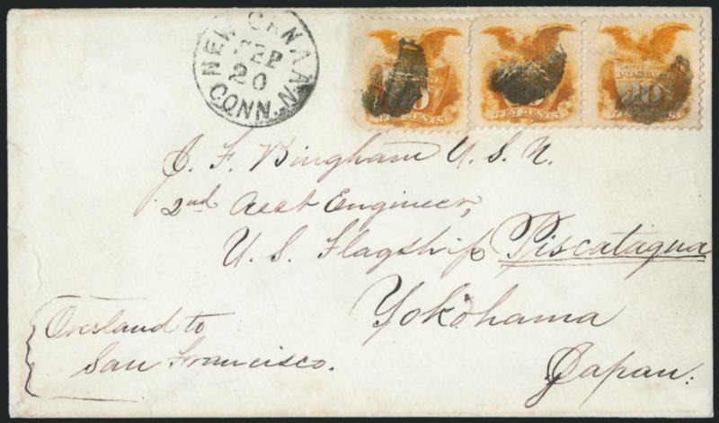 10c Yellow (116).> Horizontal pair and single, rich color, cancelled by quartered cork, New Canaan Conn. Sep. 20 circular datestamp on 1869 cover <to Yokohama, Japan,> addressed to J.F. Brigham, Second
Assistant Engineer of the U.S. Flagship <<Pisc