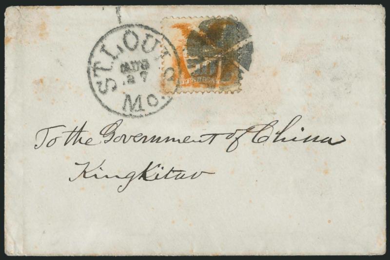 10c Yellow (116).> Well-centered, light toning, tied by bold St. Louis Mo. Aug. 27 circular datestamp and circle of wedges cancel on small cover simply addressed <<<To the Government of China, Kingkitao,>>>
carried to Shanghai by Pacific Mail Ste