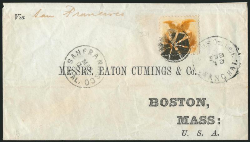 10c Yellow (116).> Rich color, tied by bold strike of circle of wedges and <P.O.D. U.S. Con. Genl. Shanghai Feb. 12> circular datestamp on 1871 cover with printed address to Boston, endorsed <<Via San
Francisco>> at upper left, San Francisco Cal