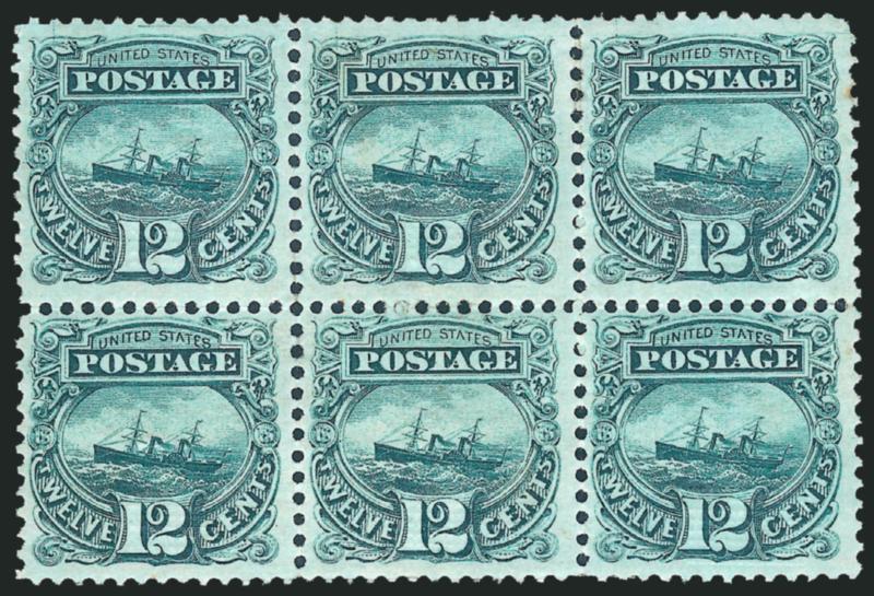 12c Green (117).> Horizontal block of six, original gum, deep rich color and proof-like impression, clearly-defined grills, choice centering for this difficult multiple<><>^VERY FINE-EXTREMELY FINE. AN
EXTREMELY RARE ORIGINAL-GUM BLOCK OF SIX AND T