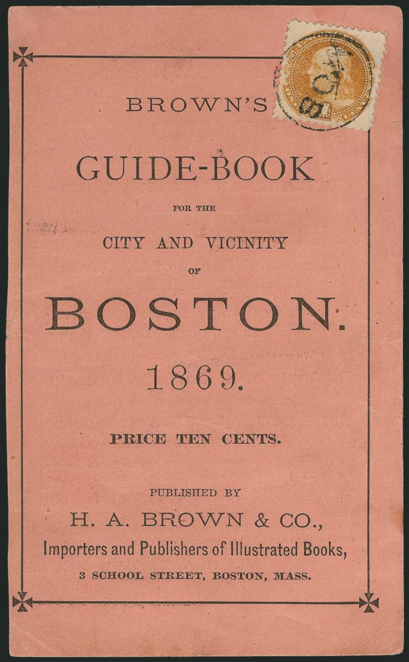 1c Buff (112).> Bright color and choice centering, tied by <MOB in circle> handstamp on front of Browns Guide-Book for the City and Vicinity of Boston published in 1869, the guidebook with trivial edgewear, Very
Fine, scarce use, the MOB stand