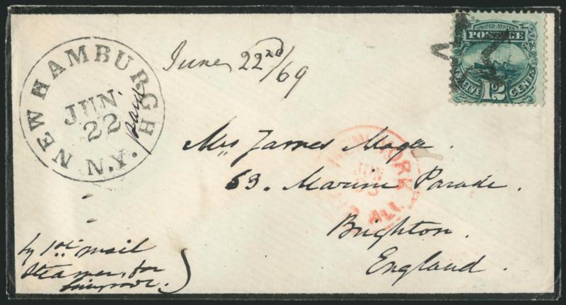 12c Green (117).> Rich color, centered to bottom left, tied by neat strike of ollow Star fancy cancel,> New Hamburgh N.Y. Jun. 22 circular datestamp on 1869 mourning cover <to Brighton, England,> red New York
Paid All Jun. 23 transit datestamp,
