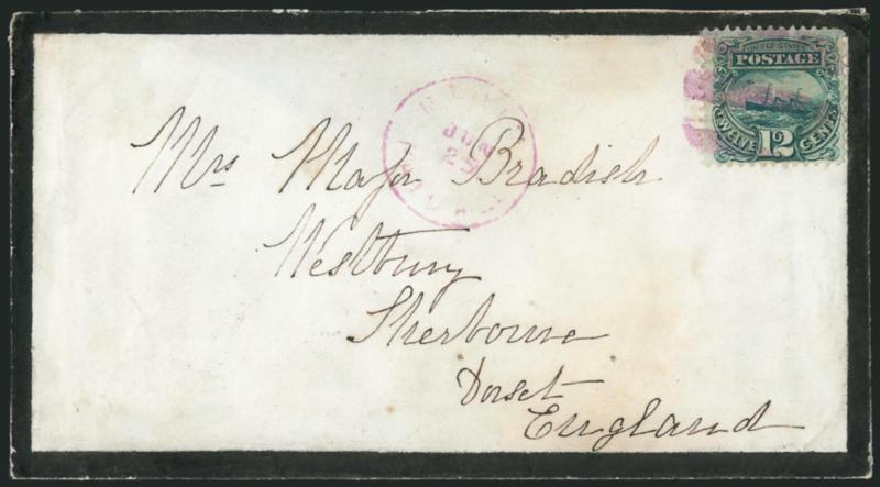 12c Green (117).> Detailed impression, tied by <purple> large grid cancel, matching Phila. Paid All Jun. 25 circular datestamp on 1869 <mourning cover to Sherbourne, England,> receiving backstamp, missing top
flap, Very Fine, carried aboard the Inm