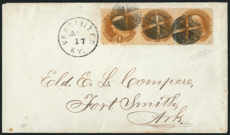 1c Buff (112).> Horizontal strip of three, choice centering, tied by well-struck quartered corks, Versailles Ky. Nov. 17 circular datestamp on cover to Fort Smith Ark., barely reduced at left, fresh and Very
Fine, a beautiful strip used on a Southe