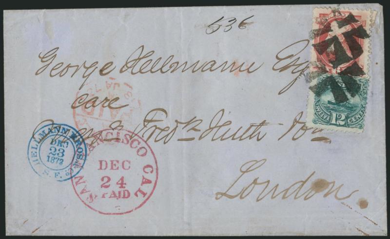 12c Green (117).> Deep rich color and sharp proof-like impression, used with <6c Carmine (148)> and tied by crossroads cancel, <magenta> San Francisco Cal. Paid Dec. 24 circular datestamp on 1872 folded cover
<to London, England,> red London receiv