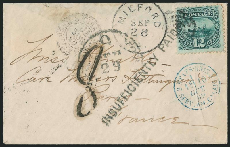 12c Green (117).> Bright shade, tied by light strike of target cancel, Milford Pa. Sep. 28 circular datestamp on 1869 cover <to Paris, France,> stamp also tied by well-struck < Insufficiently Paid> straightline
handstamp, New York 9 Sep. 29 deb