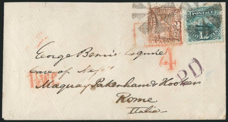 12c Green (117).> Rich color, used with <2c Brown (113),> bright shade, tied by circle of wedges on 1869 cover <to Rome, Italy,> red New York Paid All Direct Dec. 21 and receiving backstamps, red Hamburg Franco
boxed handstamp also ties 2c, purpl