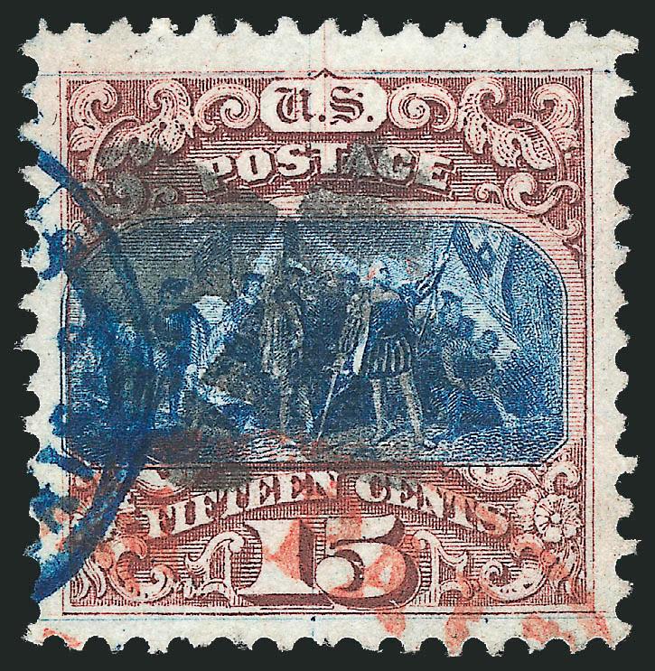 15c Brown & Blue, Ty. I (118).> Wide margins, radiant colors, neat strike of cork cancel, also with <blue French entry and red> cancels, Very Fine and choice, wonderful visual appeal with three different
colored cancels, ex Saadi, with 2000 P.F. cert