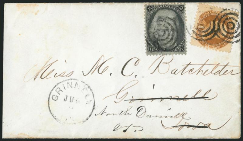1c Buff (112).> Tied by target cancel, used with <2c Black, F Grill (93),> similarly tied on cover locally addressed to Grinnell Iowa and <forwarded> to North Danville Vt., light strike of Grinnell Ioa. Jul. ?
circular datestamp, minor edge soiling