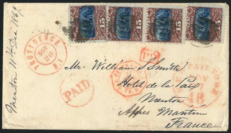15c Dark Brown & Blue, Ty. II (119).> Vertical pair and two singles, deep rich colors and sharp proof-like impressions, tied by strikes of quartered cork cancel, red Providence R.I. Nov. 26 double-circle
datestamp with matching Paid in circle han